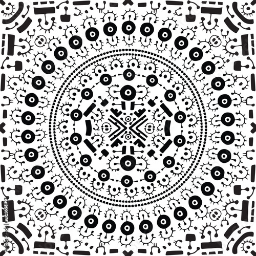 Geometric circle abstract seamless pattern. Black white hand drawn endless print illustration. Ornament tribal freehand poster
