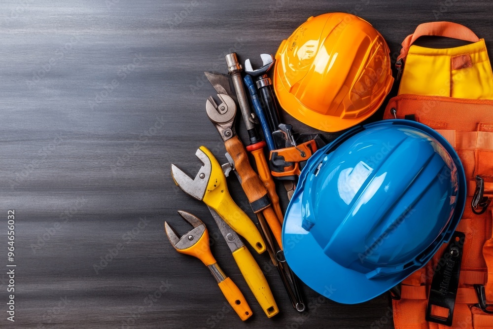 Safety helmet hanging next to a set of tools a reminder of the importance of protection on the job site Safety helmet hanging next to a set of tools a reminder of the importance of protection on the job site