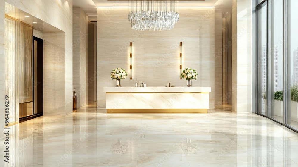 Elegant spa reception with marble floors, gold fixtures, and a crystal chandelier, highlighting luxury Elegant spa reception with marble floors, gold fixtures, and a crystal chandelier, highlighting luxury