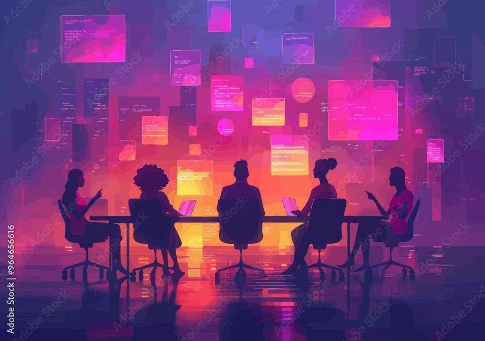 Virtual Collaboration Concept: People Debating around Conference Table in Digital Space with Floating Messaging Interface, Evening Mood, Vector Illustration for Business and Technology Themes Virtual Collaboration Concept: People Debating around Conference Table in Digital Space with Floating Messaging Interface, Evening Mood, Vector Illustration for Business and Technology Themes