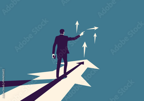 Business Leader Guiding Direction on Arrows, Business Concept Illustration of Leadership, Forward Thinking, and Decision Making, Minimalistic Vector Art in Blue and White