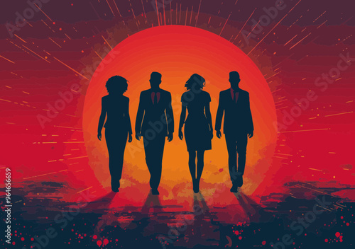 Business Unity Team Walking Towards Sunset Leadership and Collaboration Vector Illustration, Silhouetted Business People, Corporate Success, Teamwork, Minimalistic Art, Inspirational Office Concept