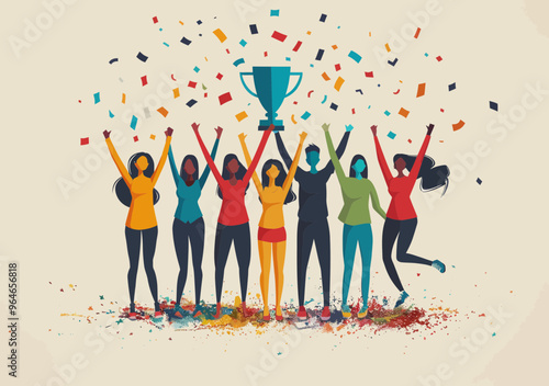 Team Celebrating Victory with Trophy in Colorful Confetti; Executives Rejoicing Successful Achievement in Business; Joyful Triumph and Team Spirit in Vector Art