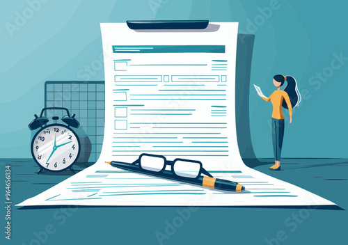 Minimalistic Business Illustration Featuring Tax Form Check with Pen, Glasses, Alarm Clock, and Female Accountant, Emphasizing Accounting, Audit, and Analysis Themes