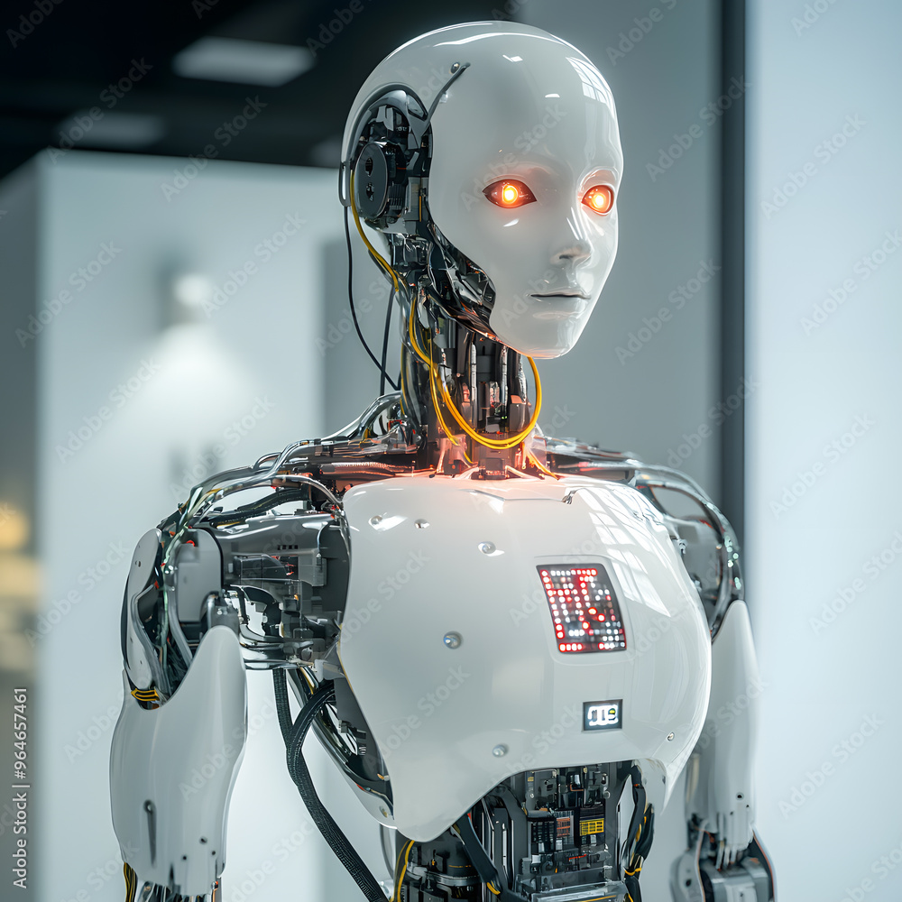 A high-tech humanoid robot with glowing orange eyes and visible internal circuits. Sleek white exterior and advanced mechanical components. A high-tech humanoid robot with glowing orange eyes and visible internal circuits. Sleek white exterior and advanced mechanical components.