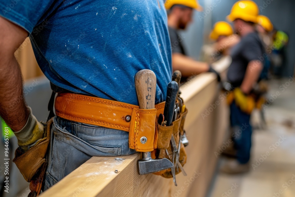 Toolbelt filled with essential tools like a hammer, screwdriver, and measuring tape, hanging from a construction worker’s waist Toolbelt filled with essential tools like a hammer, screwdriver, and measuring tape, hanging from a construction worker’s waist