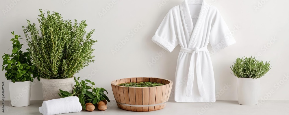 Fototapeta premium Minimalist spa with a wooden foot bath, aromatic herbs, and a soft linen robe