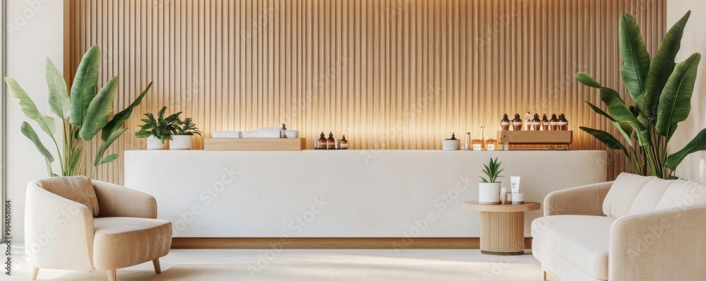 Modern spa lounge with velvet couches, botanical decor, and a refreshing beverage station Modern spa lounge with velvet couches, botanical decor, and a refreshing beverage station