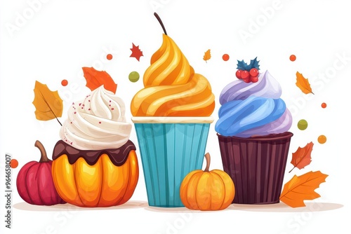 Pumpkinflavored Halloween treats, ice cream creations with festive touches, flat design illustration photo