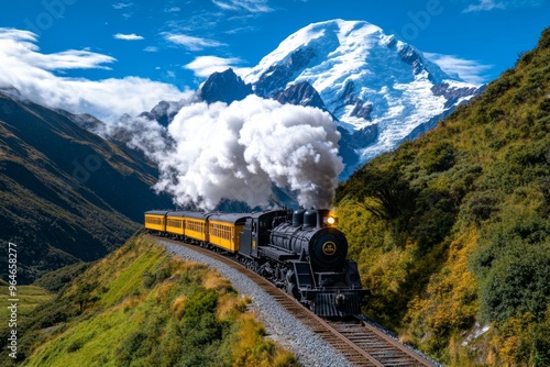 Vintage steam engine chugging through a mountain pass, billowing smoke against a backdrop of towering peaks