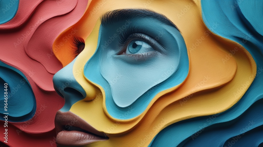 A woman's face is painted with bright colors and has a blue eye A woman's face is painted with bright colors and has a blue eye