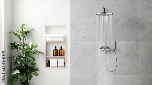 Modern spa shower with rain showerhead, marble walls, and aromatic oils, promoting indulgence photo