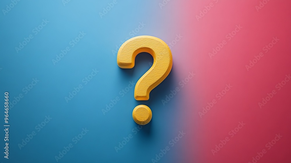 A yellow question mark is on a blue and pink background A yellow question mark is on a blue and pink background