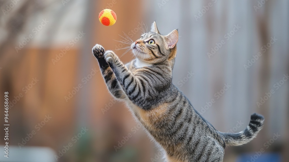 Obraz premium A playful cat leaps to catch a small ball in a lively outdoor setting.
