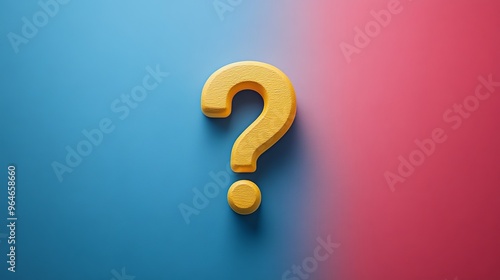 A yellow question mark is on a blue and pink background