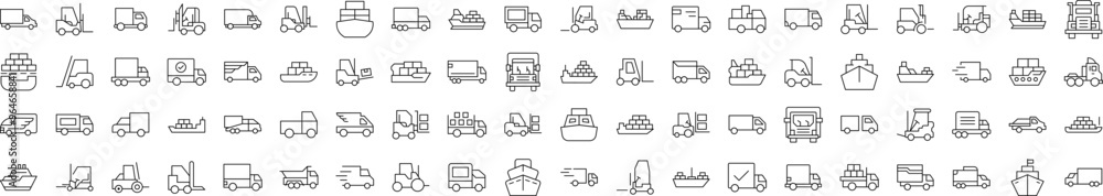 Ship, Van, Tractor Line Icon Set. Editable Stroke. Minimalistic Linear Pictogram for Design of Cards, Apps, Banners, Posts Ship, Van, Tractor Line Icon Set. Editable Stroke. Minimalistic Linear Pictogram for Design of Cards, Apps, Banners, Posts