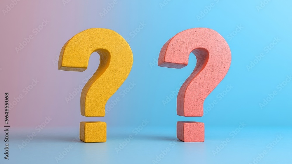 Two yellow and red question marks are on a blue background Two yellow and red question marks are on a blue background