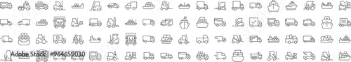 Collection of Line Icons of Ship, Van, Tractor. Editable Stroke. Minimalistic Linear Pictogram for Design of Cards, Apps, Banners, Posts