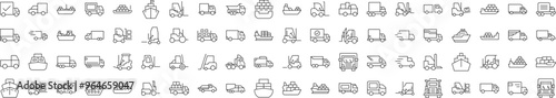 Pack of Line Icons of Ship, Van, Tractor. Editable Stroke. Minimalistic Linear Pictogram for Design of Cards, Apps, Banners, Posts