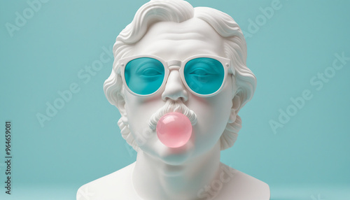 Portrait personnage sculpture buste statue pierre marbre 3D fun lunettes soleil bulle bleu chewing-gum. photo