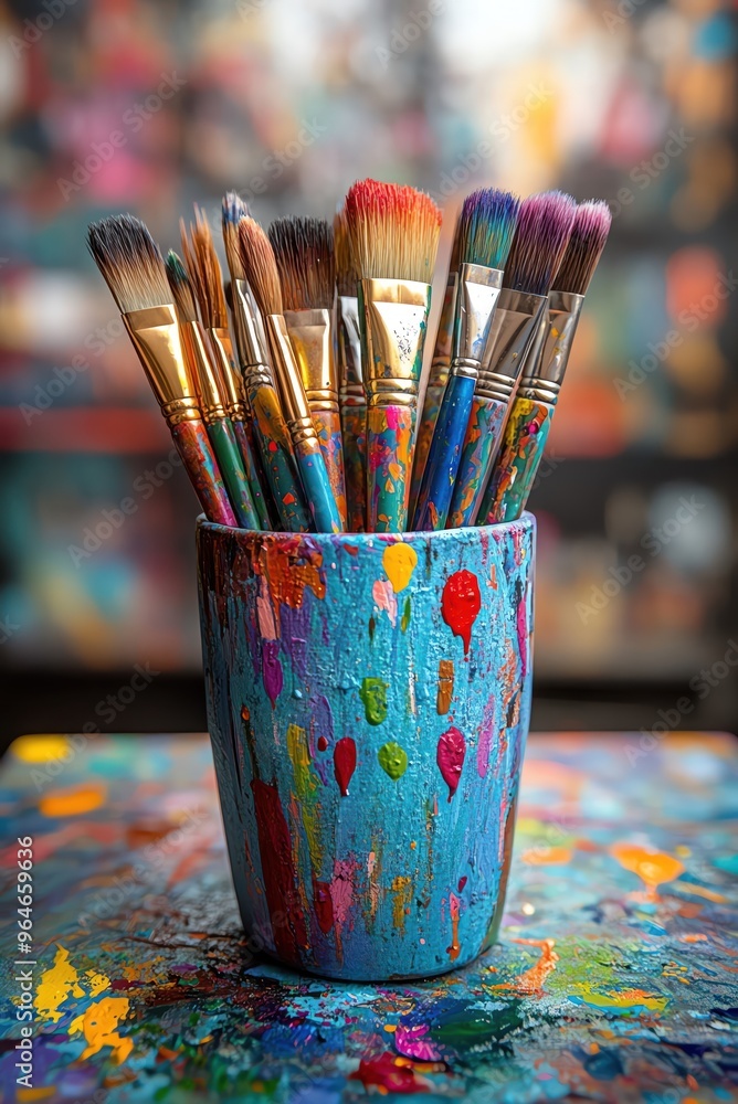 A paintsplattered cup holding brushes on a colorful artists workspace A paintsplattered cup holding brushes on a colorful artists workspace