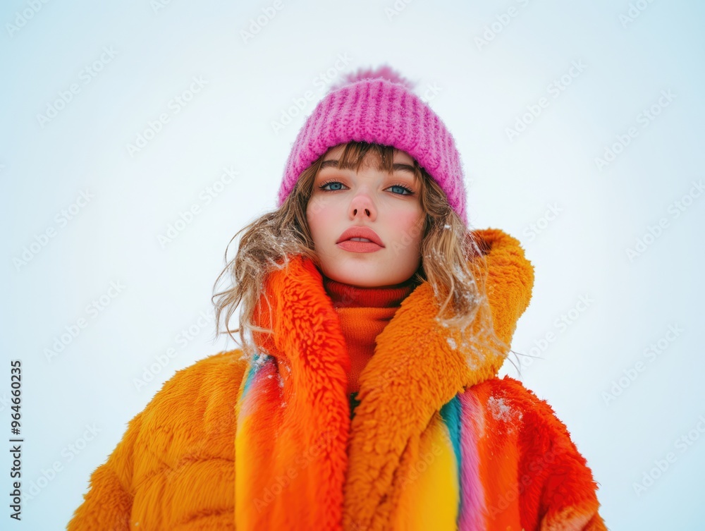 A girl in a winter hat and a colorful fur coat A girl in a winter hat and a colorful fur coat