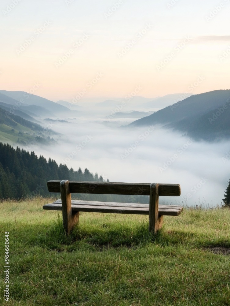 Antique Bench Overlooking Misty Mountain Valley at Sunrise Nostalgic Scene of Natures Beauty Antique Bench Overlooking Misty Mountain Valley at Sunrise Nostalgic Scene of Natures Beauty