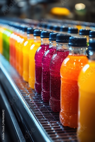 Bottles of vibrant juice in various colors moving along an automated production line