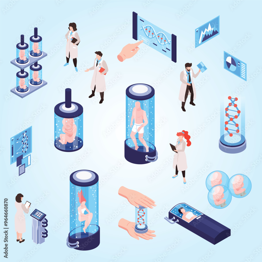 Isometric human cloning dna research science laboratory set with isolated icons of test tubes human characters vector illustration Isometric human cloning dna research science laboratory set with isolated icons of test tubes human characters vector illustration
