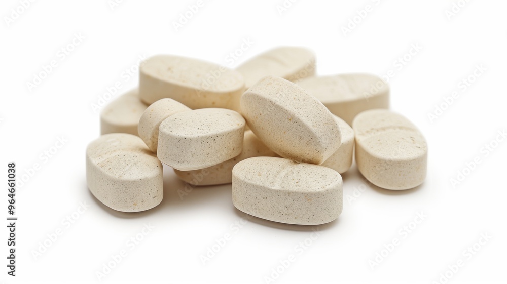 Close-up of white magnesium tablets on a pristine surface Close-up of white magnesium tablets on a pristine surface