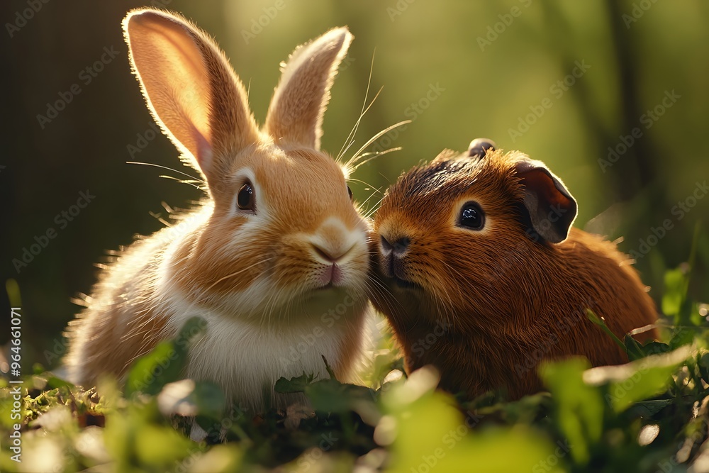 Fototapeta premium Closeup of a Brown Bunny and Guinea Pig