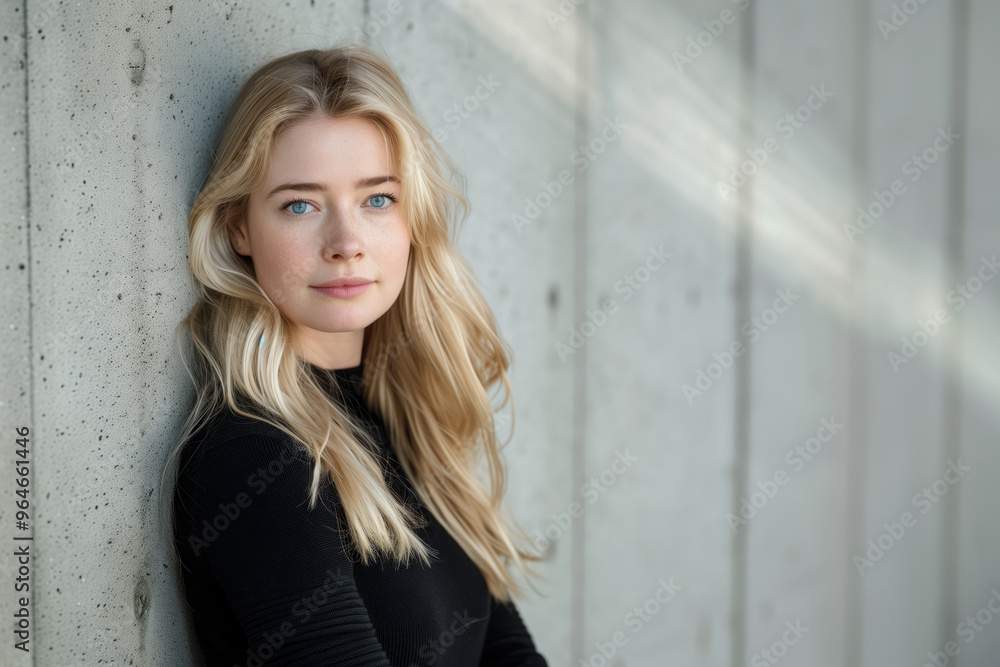 Blonde woman is standing in front of a wall, wearing a black shirt Blonde woman is standing in front of a wall, wearing a black shirt