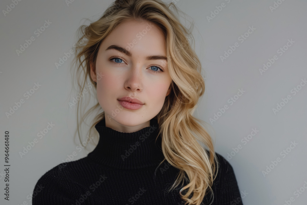 Blonde woman with long hair is wearing a black sweater and smiling Blonde woman with long hair is wearing a black sweater and smiling