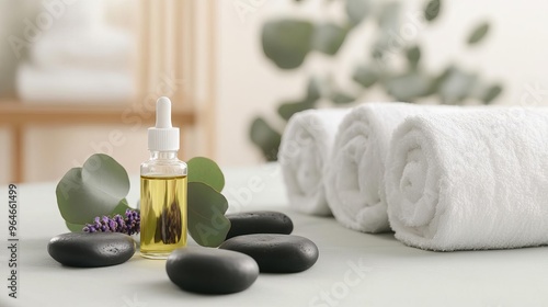 Spa treatment table with fresh eucalyptus, lavender oil, and hot stones, promoting tranquility