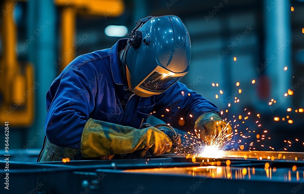 An expert worker in an industrial setting, using protective gear and a helmet, is welding a metal piece and producing dazzling sparks. An expert worker in an industrial setting, using protective gear and a helmet, is welding a metal piece and producing dazzling sparks.