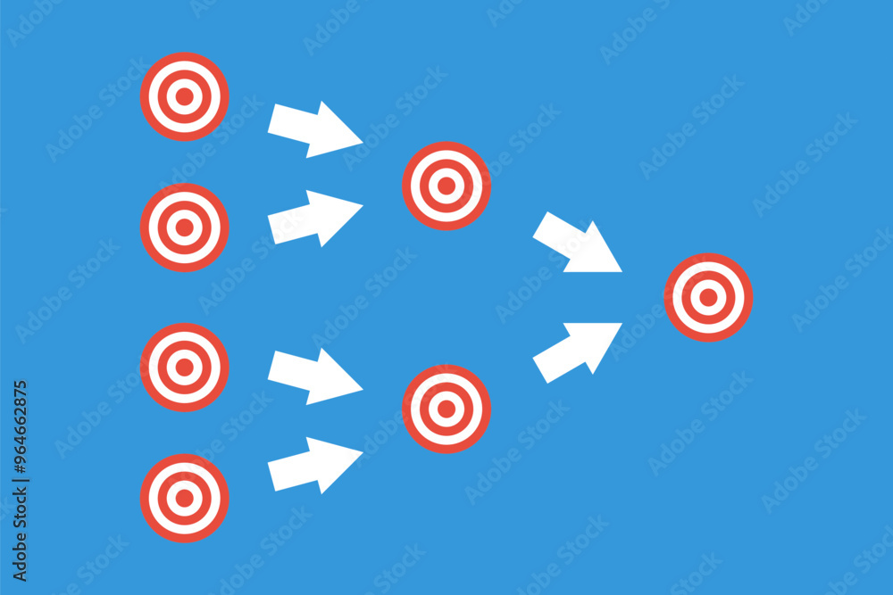 Obraz premium many targets to one goal, decomposition vector concept, joint parts to whole infographic. team work vector illustration