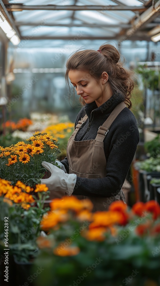 tiny greenhouse company. Entrepreneur in a greenhouse, selling flowers and seedlings tiny greenhouse company. Entrepreneur in a greenhouse, selling flowers and seedlings