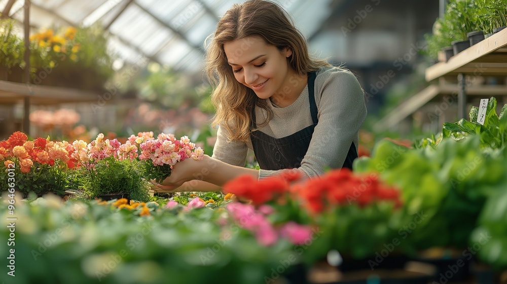 tiny greenhouse company. Entrepreneur in a greenhouse, selling flowers and seedlings tiny greenhouse company. Entrepreneur in a greenhouse, selling flowers and seedlings