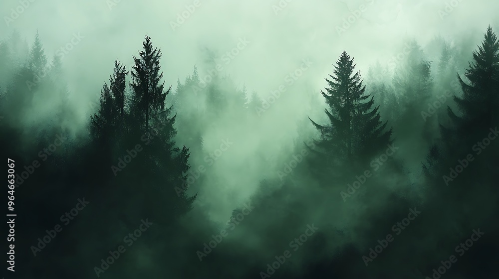 A dense fog covers a forest, creating an eerie and mysterious atmosphere. The tall pine trees stand tall amidst the swirling mist, their silhouettes barely visible against the pale green sky. A dense fog covers a forest, creating an eerie and mysterious atmosphere. The tall pine trees stand tall amidst the swirling mist, their silhouettes barely visible against the pale green sky.