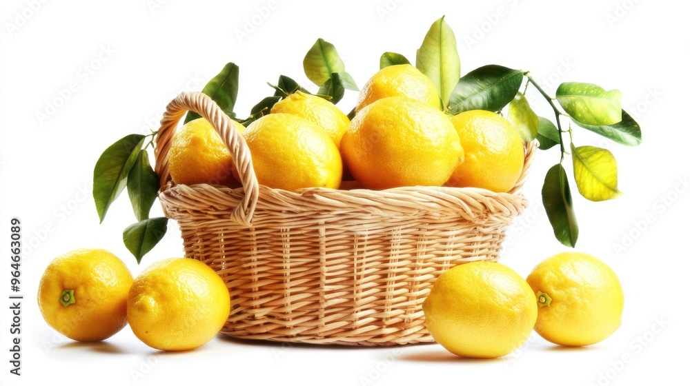 Fresh Lemons in a Wicker Basket with Green Leaves, Perfect for Juicing or Baking, Zesty Citrus Fruit for Summer Fresh Lemons in a Wicker Basket with Green Leaves, Perfect for Juicing or Baking, Zesty Citrus Fruit for Summer