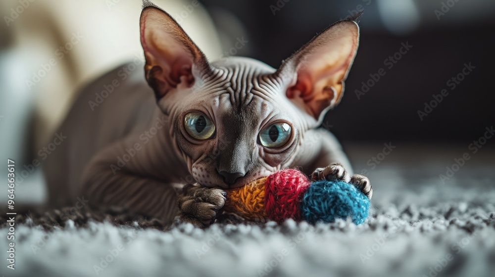 A playful Sphynx cat with large eyes lying on a carpet, holding a colorful yarn toy. A playful Sphynx cat with large eyes lying on a carpet, holding a colorful yarn toy.
