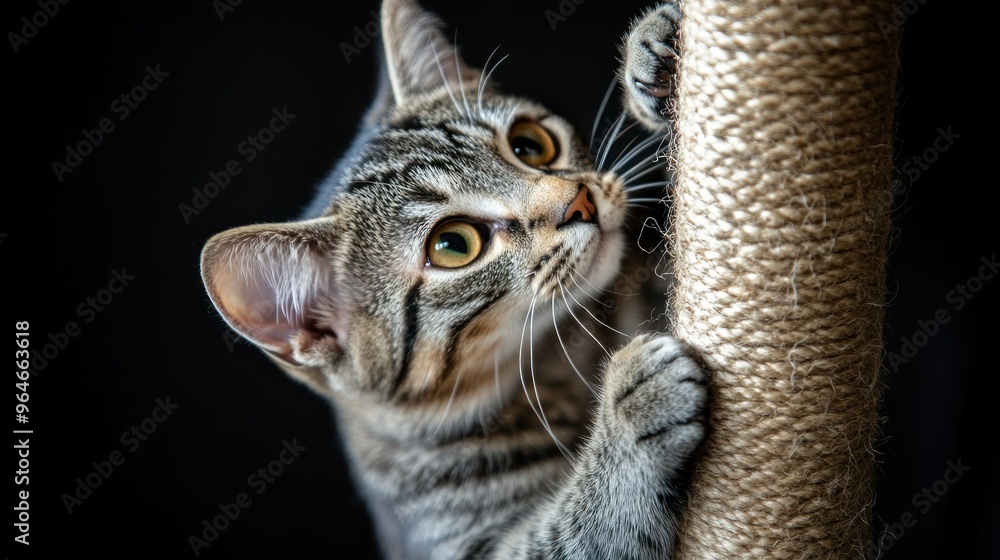 A playful tabby cat climbing a textured scratching post, showcasing its curiosity and agility. A playful tabby cat climbing a textured scratching post, showcasing its curiosity and agility.