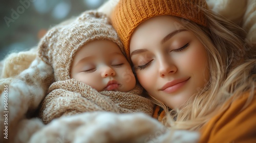 Mother and baby peacefully sleeping together, wrapped in a cozy blanket photo