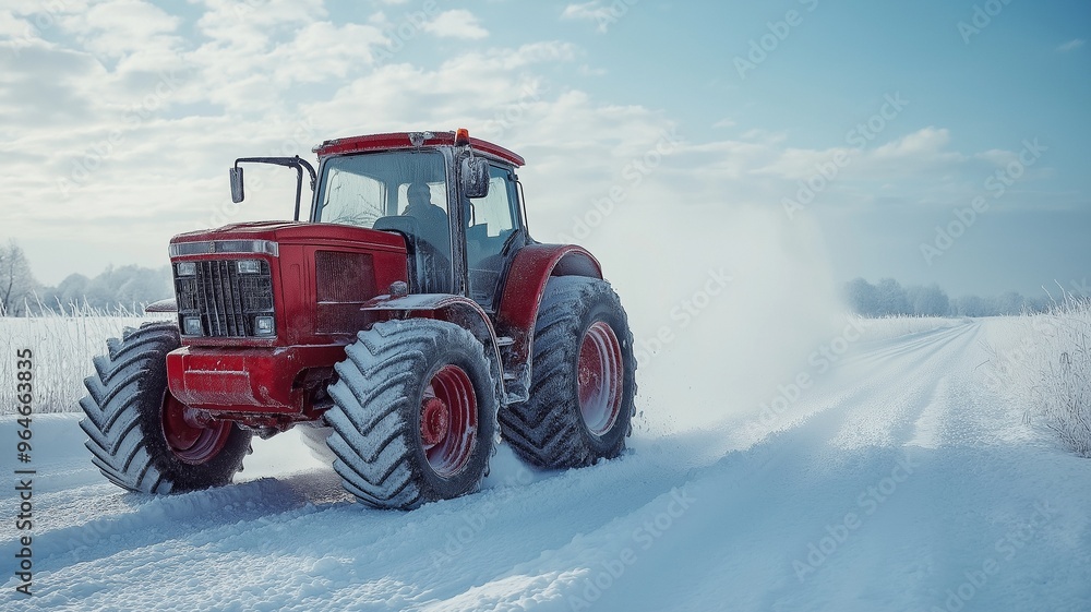 After a winter snowfall, a tractor clears the road of snow. After a winter snowfall, a tractor clears the road of snow.
