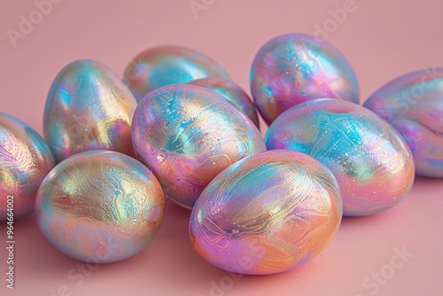 Holographic Easter Eggs: A cluster of iridescent Easter eggs, shimmering with vibrant holographic hues, against a soft pink backdrop. A whimsical and festive image perfect for spring celebrations and