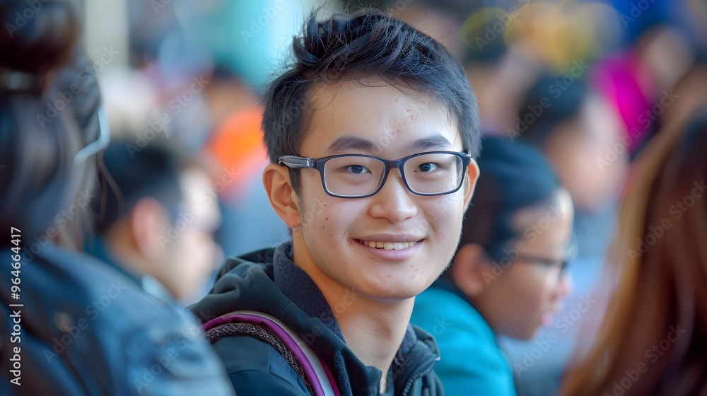 A young man with glasses and a beard is smiling for the camera. He is wearing a blue jacket and a A young man with glasses and a beard is smiling for the camera. He is wearing a blue jacket and a