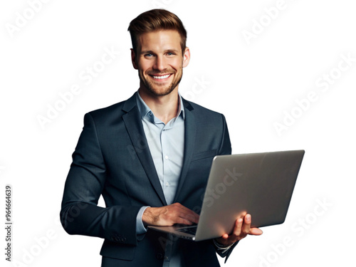 A businessman is standing in a studio, isolated on a grey background, working on a laptop with a concentrated expression transparent background png file,