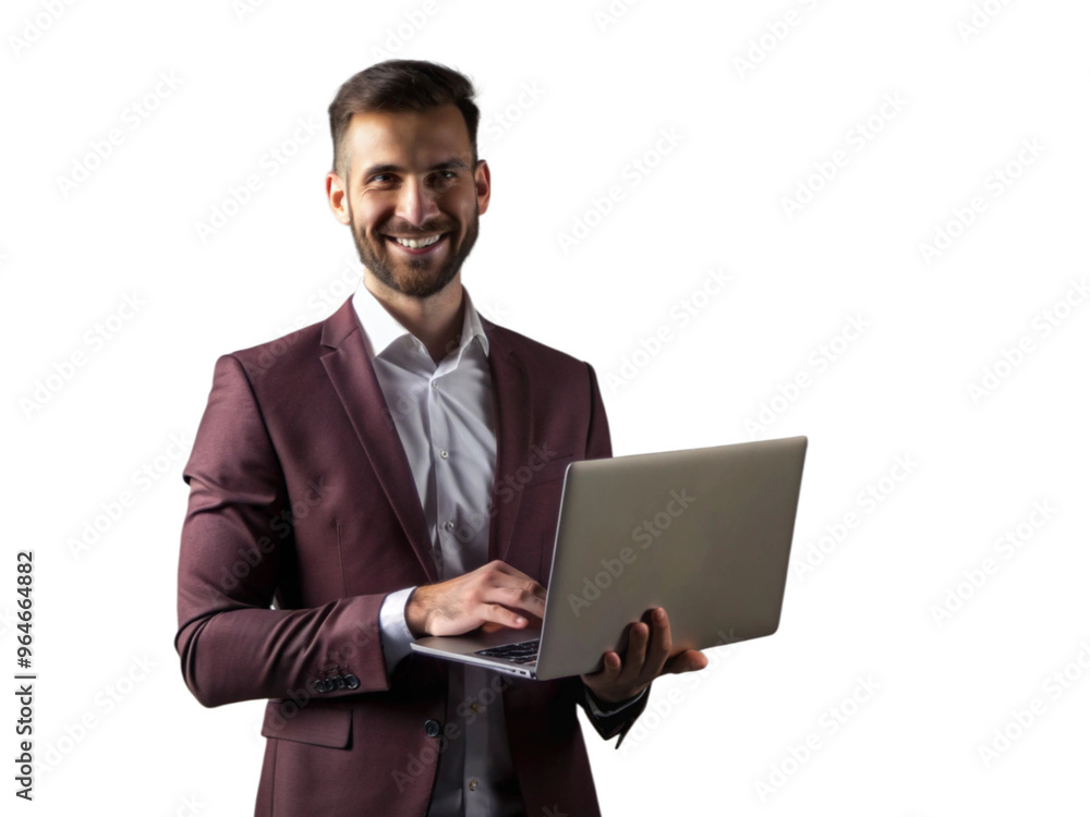 A businessman is standing in a studio, isolated on a grey background, working on a laptop with a concentrated expression transparent background png file, A businessman is standing in a studio, isolated on a grey background, working on a laptop with a concentrated expression transparent background png file,