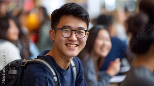 A young man with glasses and a beard is smiling for the camera. He is wearing a blue jacket and a