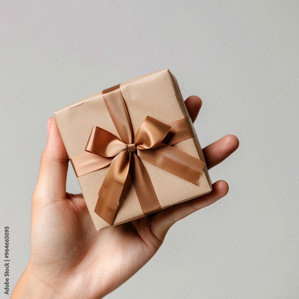 Hand holding a small beige gift box with a brown ribbon on a neutral background. Hand holding a small beige gift box with a brown ribbon on a neutral background.